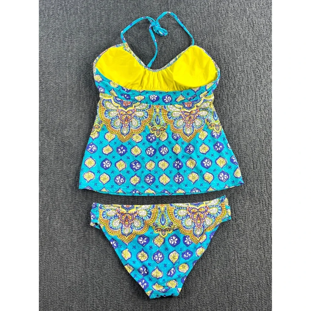 Trina Turk Womens Turquoise Yellow Paisley Tankini Swimsuit Set Size 8